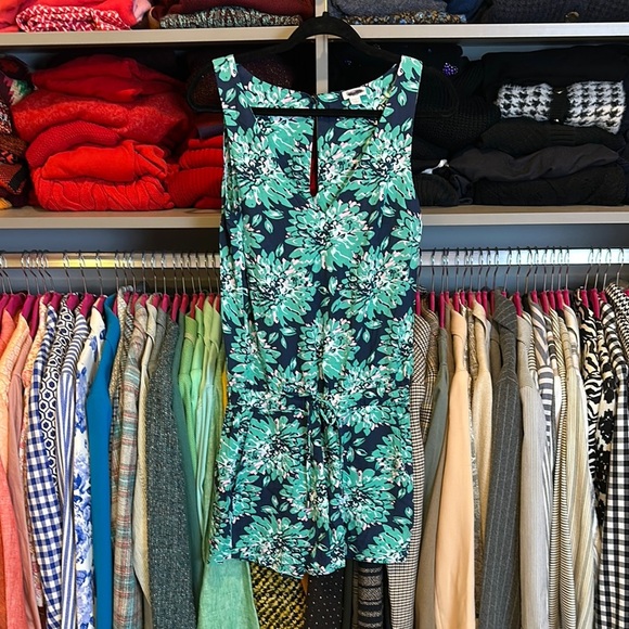 Splendid navy/green floral sleeveless cinch waist back button closure romper S - Picture 1 of 3